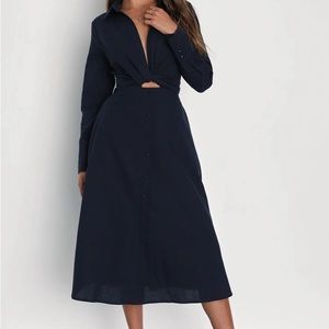 Lulus Adorable Impression Navy Blue Midi Dress with Pockets